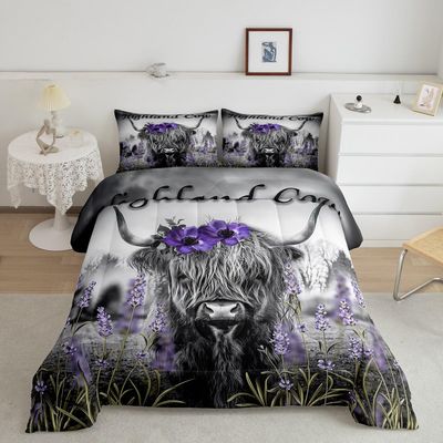 Highland Cow Flower Comforter Set Full,Bull Cattle Bedding Set Western Funny Animal Duvet Insert,Wildlife Farmhouse Cow Quilted Comforter with Purple Floral and Green Grassland Print Pillowcase