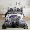 Highland Cow Flower Comforter Set Full,Bull Cattle Bedding Set Western Funny Animal Duvet Insert,Wildlife Farmhouse Cow Quilted Comforter with Purple Floral and Green Grassland Print Pillowcase view 1