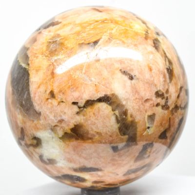 2.9" 545g Orange Peach Moonstone w/Smoky Quartz Sphere Polished Natural Graphic Feldspar Gemstone Crystal Mineral Ball - Madagascar