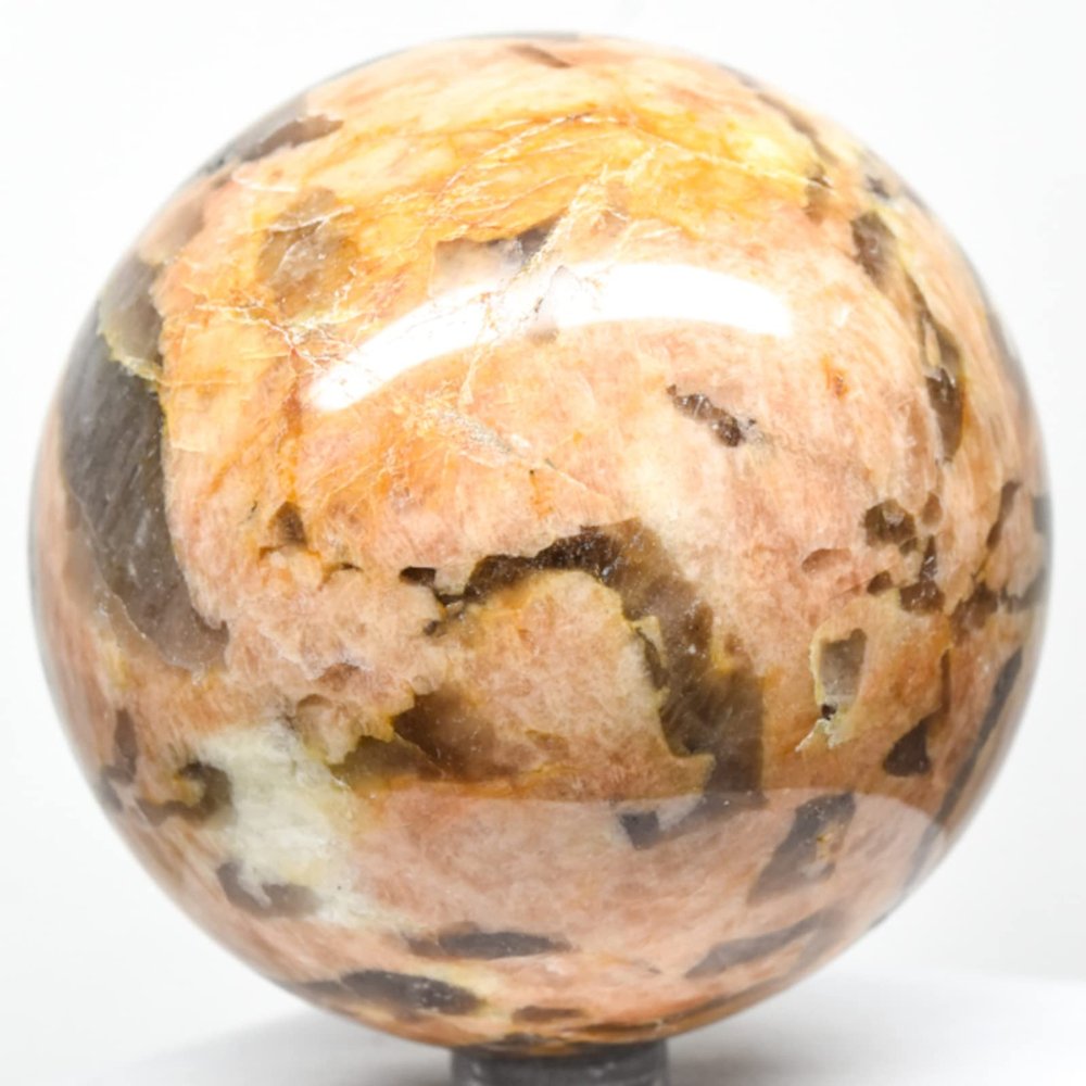 2.9" 545g Orange Peach Moonstone w/Smoky Quartz Sphere Polished Natural Graphic Feldspar Gemstone Crystal Mineral Ball - Madagascar