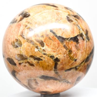 2.9" 540g Golden Orange Peach Moonstone w/Smoky Quartz Sphere Polished Natural Sparkling Graphic Feldspar Gemstone Crystal Mineral Ball - Madagascar + Stand
