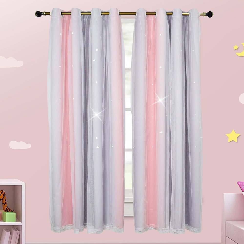ZJXSNEH Shiny Stars Curtains for Children Room Blackout Curtains for Living Room Bedroom Kids Home Decor Gradient Room Blinds Ash Powder-Rainbow Bar (Width x High) W70.86 x H39.37 x 1 Panel