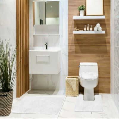Kashi Home Tobin 3 Piece Bathroom Rug Set, Bath Mat, Countour Rug, Toilet Seat Lid Cover, Non-Slip Rubber Back, Floor Mats, Water Absorbent, Low Pile- White