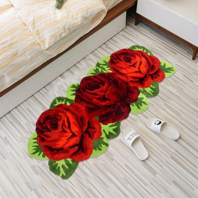 ABREEZE Red Rose Shaped Rug Washable Bath Runner Shaggy Rug Plush Floral Mats Non-Slip Modern Carpet Washable Floor Mats for Bedroom/Sofa/Bathroom (3 Roses Runner, Red)