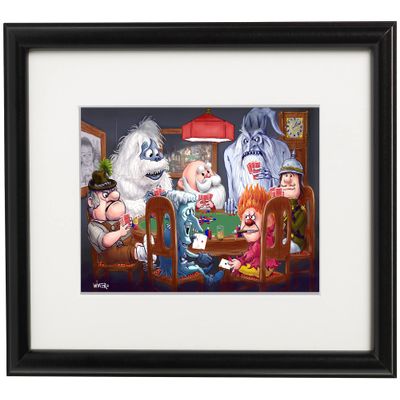 Christmas Cards: Holiday Characters meet Dogs Playing Poker Cartoon Matted, Framed and Signed