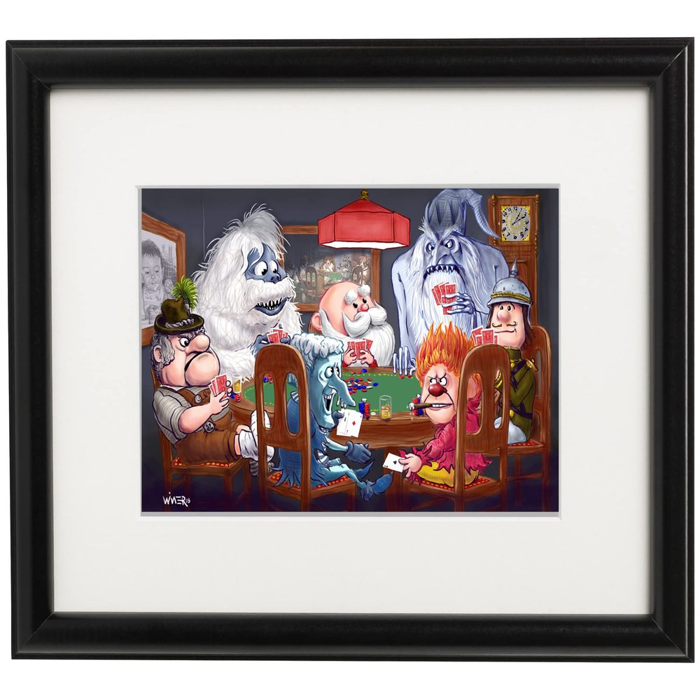 Christmas Cards: Holiday Characters meet Dogs Playing Poker Cartoon Matted, Framed and Signed