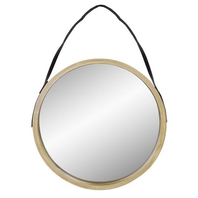 21" Beige Round Modern Mirror with Woodgrain Finish