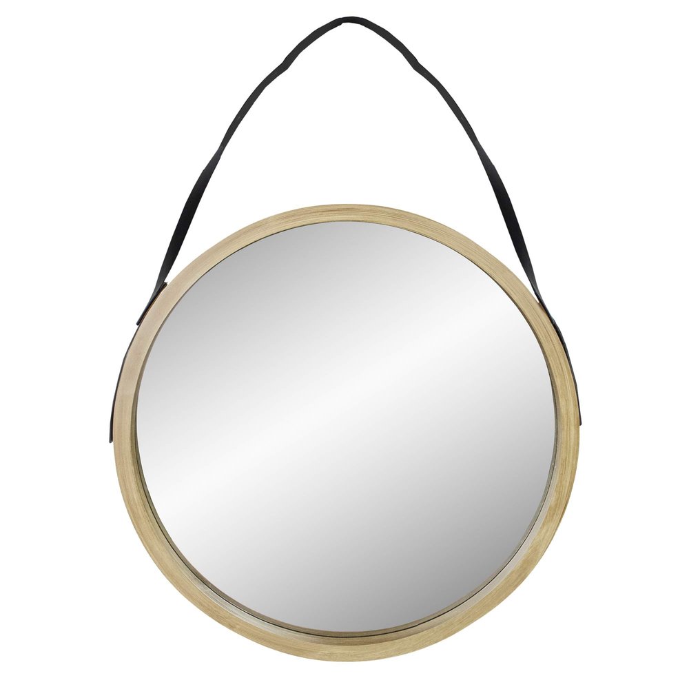 21" Beige Round Modern Mirror with Woodgrain Finish