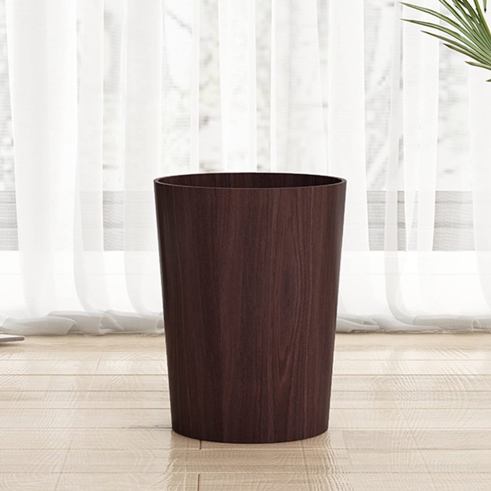 DRSFF Garbage Bin Kitchen Trash Can Office Home Waste Paper Basket Wooden Bathrooms Wastebasket Rubbish Container Storage Bucket - Dark Brown RoundWithout Cover (Color : B)