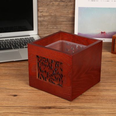 DRSFF Antique Wooden Mini Desktop Trash Can Chinese Style Wood Storage Bucket Waste Paper Bins for Living Room Bedroom Coffee Table Enbox Brownish Red 4 Liter