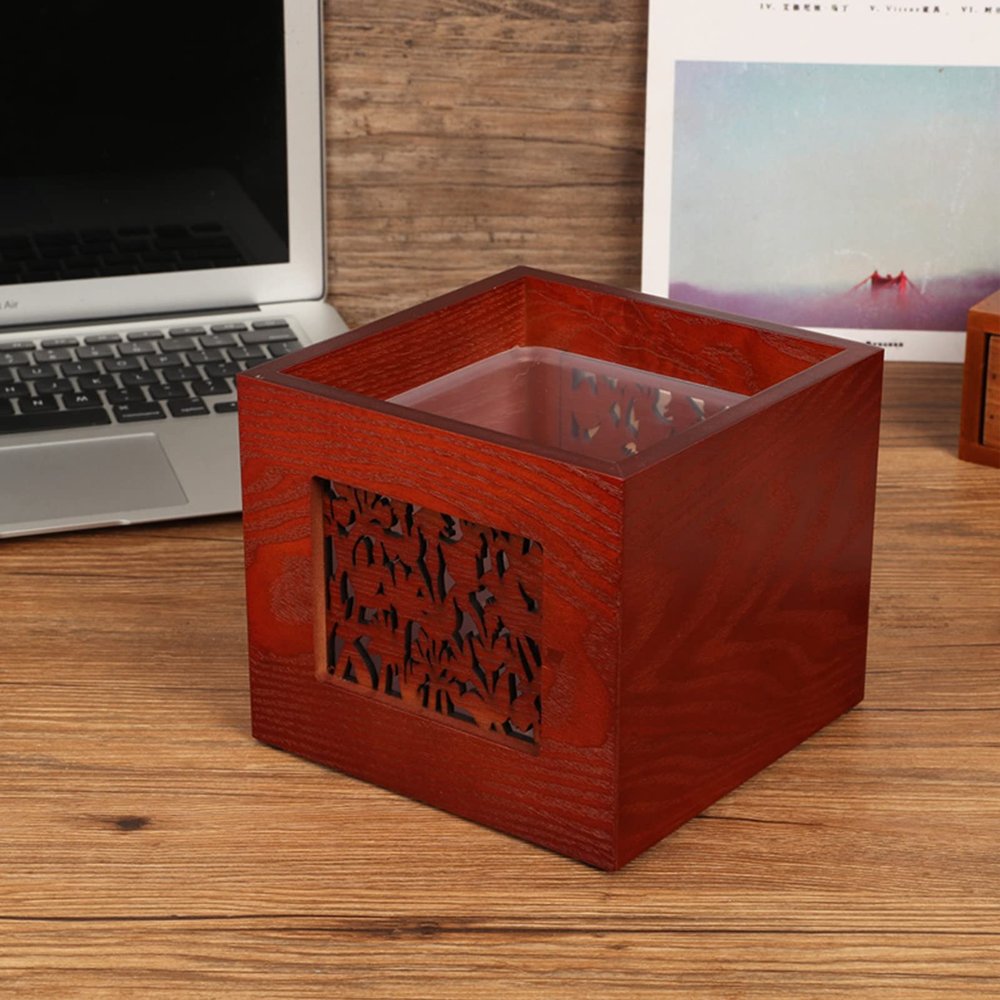 DRSFF Antique Wooden Mini Desktop Trash Can Chinese Style Wood Storage Bucket Waste Paper Bins for Living Room Bedroom Coffee Table Enbox Brownish Red 4 Liter