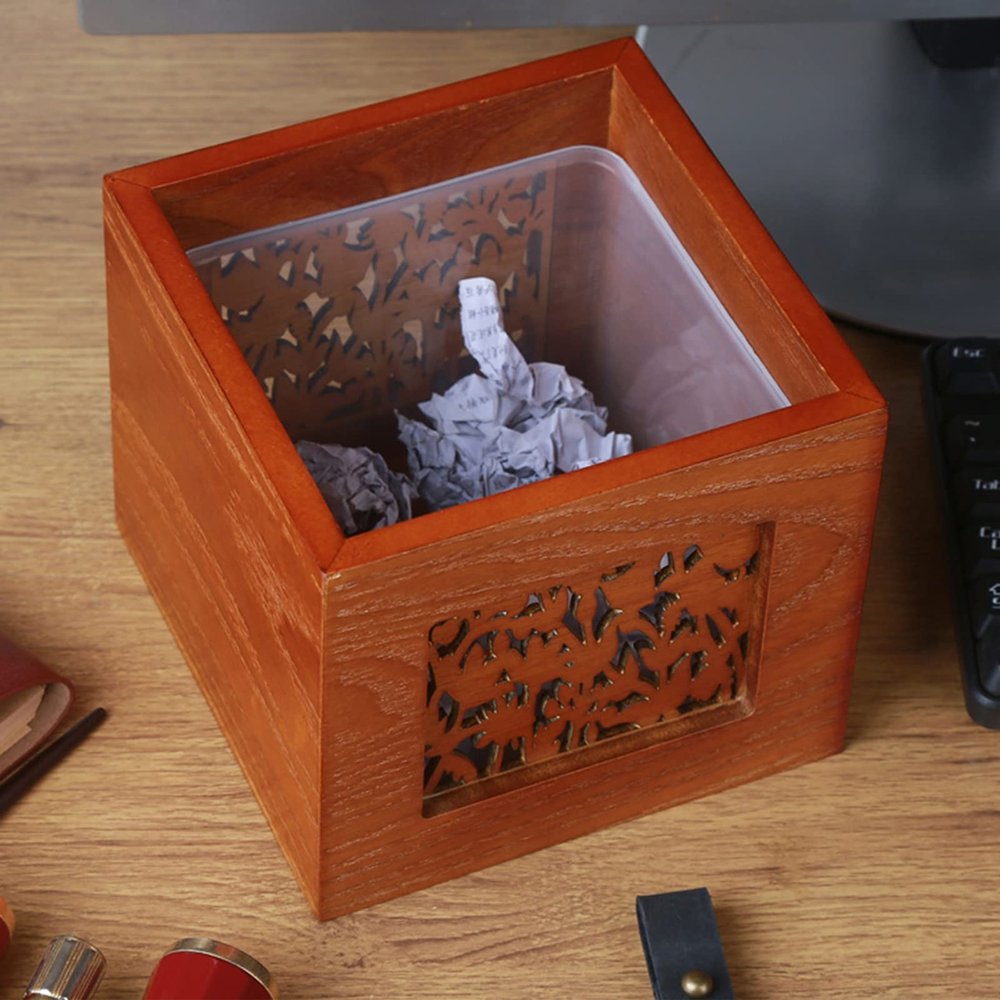 DRSFF Wooden Small Trash Can Desktop Mini Garbage Waste Bin Storage Box Paper Basket Rubbish Bucket for Home Living Room Bedroom Coffee Table - 151513cm