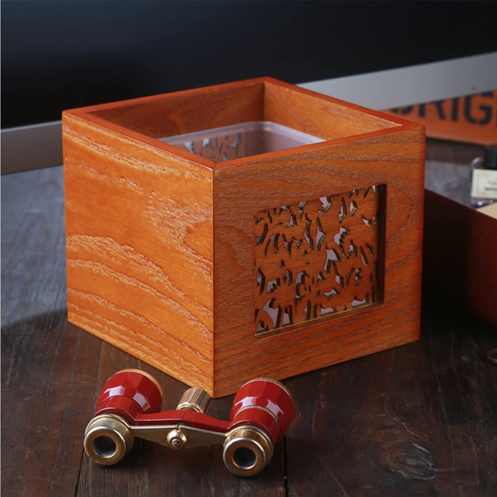 DRSFF Antique Brownish Yellow Garbage Can Chinese Style Desktop Trash Bin Wooden Square Small Storage Bucket for Living Room Bedroom Coffee Tablewith Plastic Inner Barrel