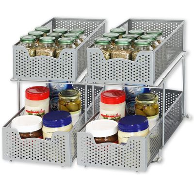 Simple Houseware Cabinet 2 Tier Perforated Basket Drawer, Silver - 2 Pack