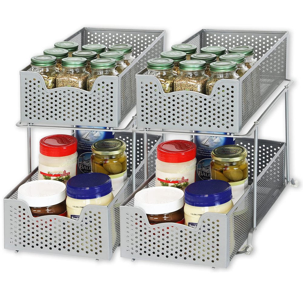 Simple Houseware Cabinet 2 Tier Perforated Basket Drawer, Silver - 2 Pack