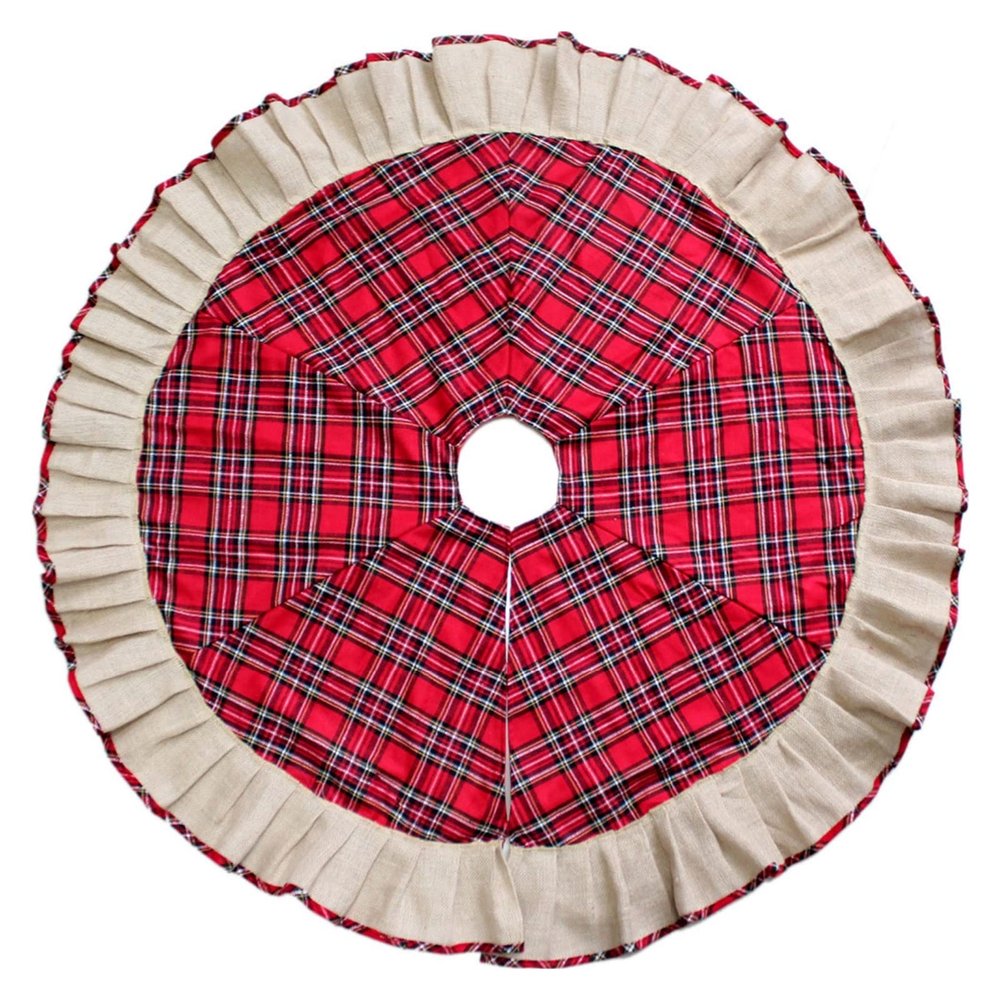 46" Christmas Tree Skirt Patchwork Tartan Plaid with Jute Burlap Ruffle Border Xmas Decoration DUO ER