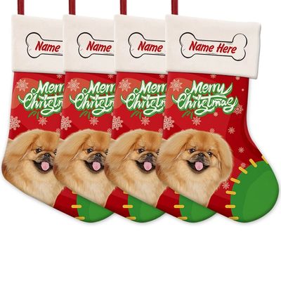 MALIHONG 4 Packs Personalized Merry Christmas Pekingese Dog Stocking Snowflake Red and Green Xmas Party Holiday Home Decor Gift 14.4"