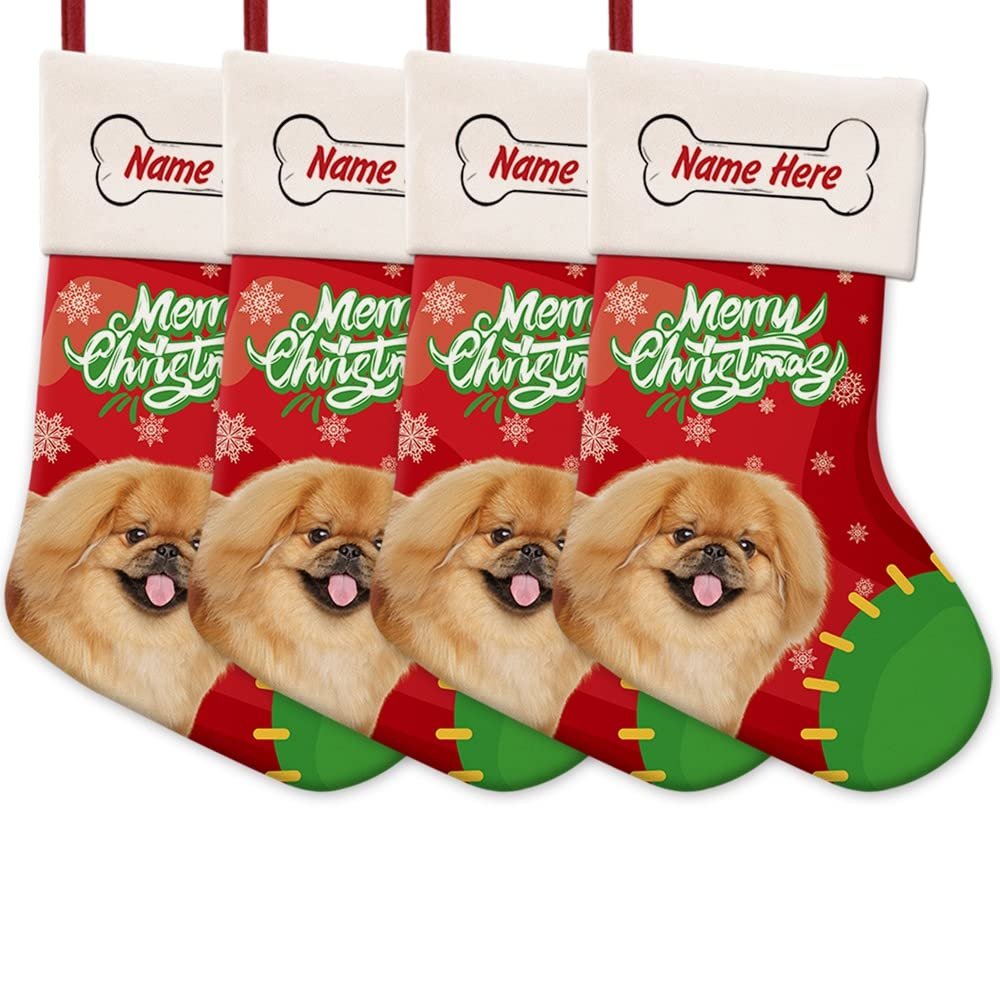 MALIHONG 4 Packs Personalized Merry Christmas Pekingese Dog Stocking Snowflake Red and Green Xmas Party Holiday Home Decor Gift 14.4"