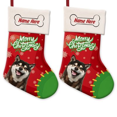 MALIHONG 2 Packs Personalized Merry Christmas Cute Dog Shiba Inu Stocking Snowflake Red and Green Xmas Party Holiday Home Decoration Gift 14.4"