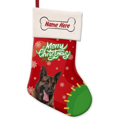 1 Pack Personalized Merry Christmas Cute Dog Belgian Shepherd Malinois Stocking Snowflake Red and Green Xmas Party Holiday Home Decor Gift 14.4"