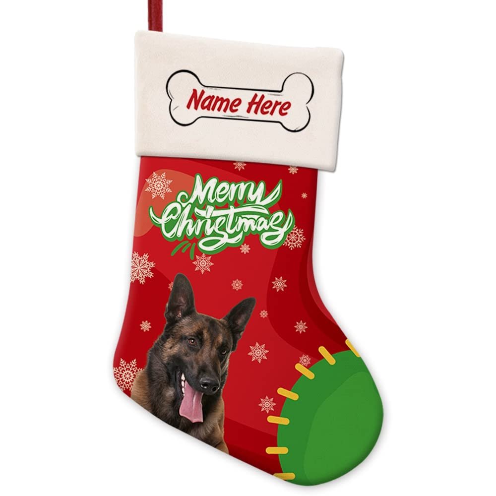 1 Pack Personalized Merry Christmas Cute Dog Belgian Shepherd Malinois Stocking Snowflake Red and Green Xmas Party Holiday Home Decor Gift 14.4"
