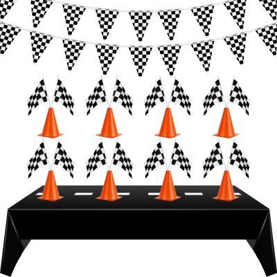 Tegeme 22 Pcs Racing Party Supplies 54 x 108'' Racetrack Tablecloth Orange Cones Party Decorations 9.8 Feet Checkered Pennant Banner Mini Orange Sports Safety Cones for Kids Racing Birthday Decor