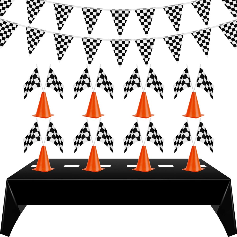 Tegeme 22 Pcs Racing Party Supplies 54 x 108'' Racetrack Tablecloth Orange Cones Party Decorations 9.8 Feet Checkered Pennant Banner Mini Orange Sports Safety Cones for Kids Racing Birthday Decor