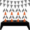 Tegeme 22 Pcs Racing Party Supplies 54 x 108'' Racetrack Tablecloth Orange Cones Party Decorations 9.8 Feet Checkered Pennant Banner Mini Orange Sports Safety Cones for Kids Racing Birthday Decor view 1