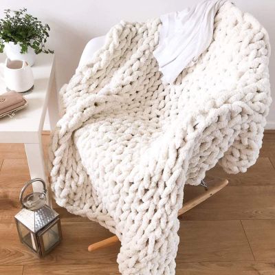 HHZY Chunky Knit Blanket Throw Cable Knit Chunky Chenille Blanket Handmade Arm Knit Blanket Chunky Giant Knit Throw Blanket Sofa Bed Chair Pet Yoga Mat Rug,White,80X100CM