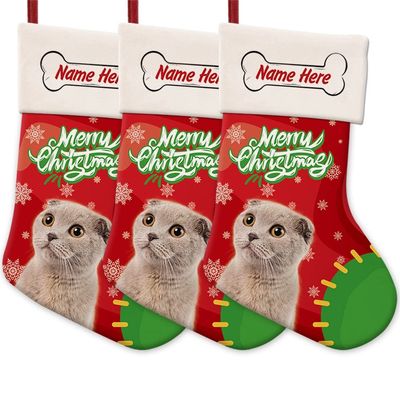 MALIHONG 3 Packs Personalized Merry Christmas Lovely Cat Scottish Fold Stocking Snowflake Red and Green Xmas Party Holiday Home Decor Gift 14.4"