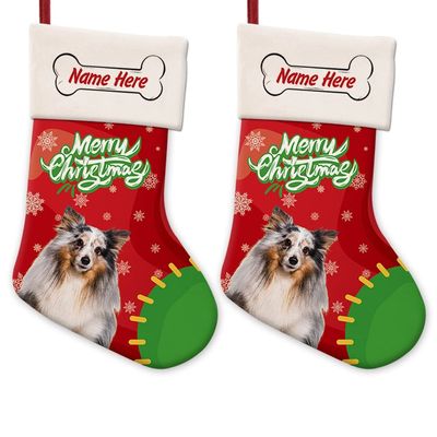MALIHONG 2 Packs Personalized Merry Christmas Cute Dog Sheltie Stocking Snowflake Red and Green Xmas Party Holiday Home Decor Gift 14.4"
