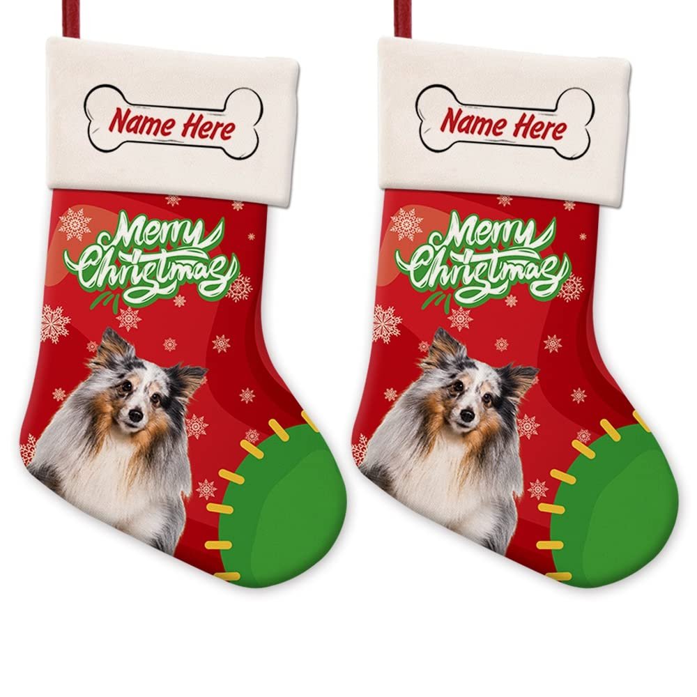 MALIHONG 2 Packs Personalized Merry Christmas Cute Dog Sheltie Stocking Snowflake Red and Green Xmas Party Holiday Home Decor Gift 14.4"