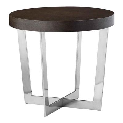 Pangea Home Oyster Modern Wood Veneer & Polished Steel Side Table in Espresso