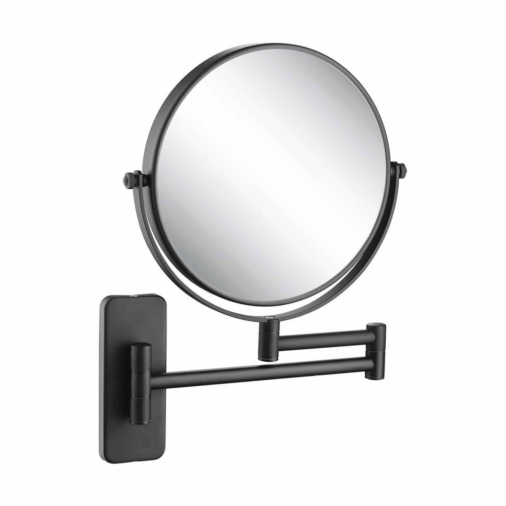 KIBI Circular Wall Mount Makeup Mirror, Dual-Sided 1x/5x Magnifying Mirror with Extendable Arm, 360 Swivel, Solid Brass Construction for Durability and Style (Matte Black - KMM100)