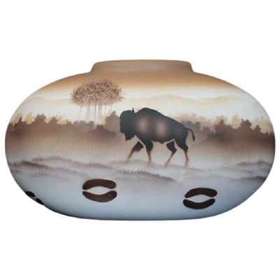Authentic Cedar Mesa Pottery - Indian Hand Painted Back Country Tracks Buffalo 16 1/2 x 10 1/2 Pillow Vase -(64142)