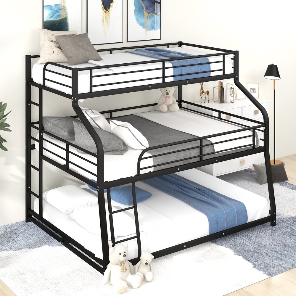 Metal Triple Bunk Beds Twin XL/Full XL/Queen, Floor Triple Bed with Long and Short Ladder/Full-Length Guardrails, 3 Beds in 1 for Boys, Girls, Teens (Black-New+Metal)