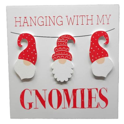 Christmas Gnome Wood Block Sign, Self Standing Holiday Plaque 5.9 inch sq (Hanging With my Gnomies)