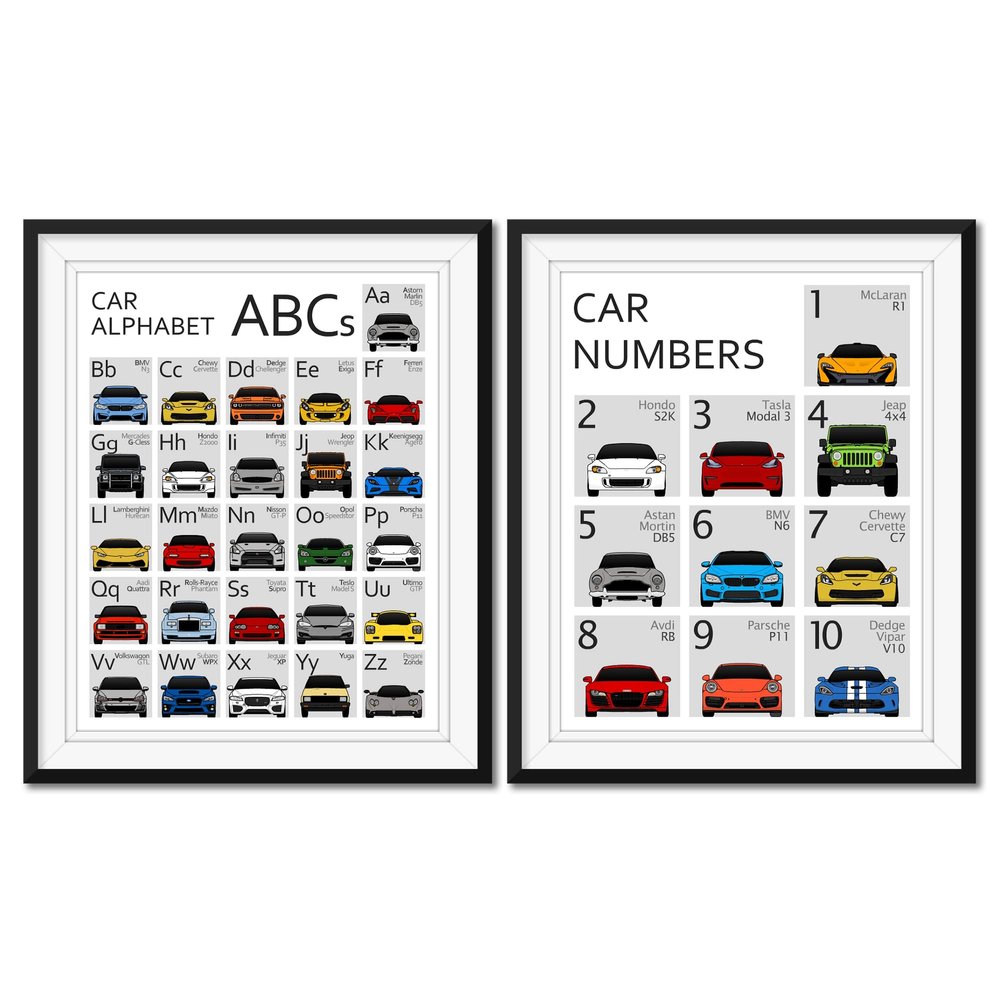 ABC and 123 Car Poster SET - Handmade Print of A to Z and 1 to 10 - (17x22" Metallic Print (Unframed) - Gift for Car Enthusiast