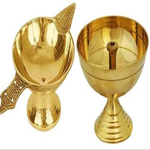 Family Cart 2 x Pure Brass (1 Brass Diya + 1 Akhand Diya) Arti Diya Deepak Wick Lamp Deep Oil Ghee Jyot Diya Stand for Pooja Diwali Religious Temple Home Office Kuber Diya Akhand Jyoti