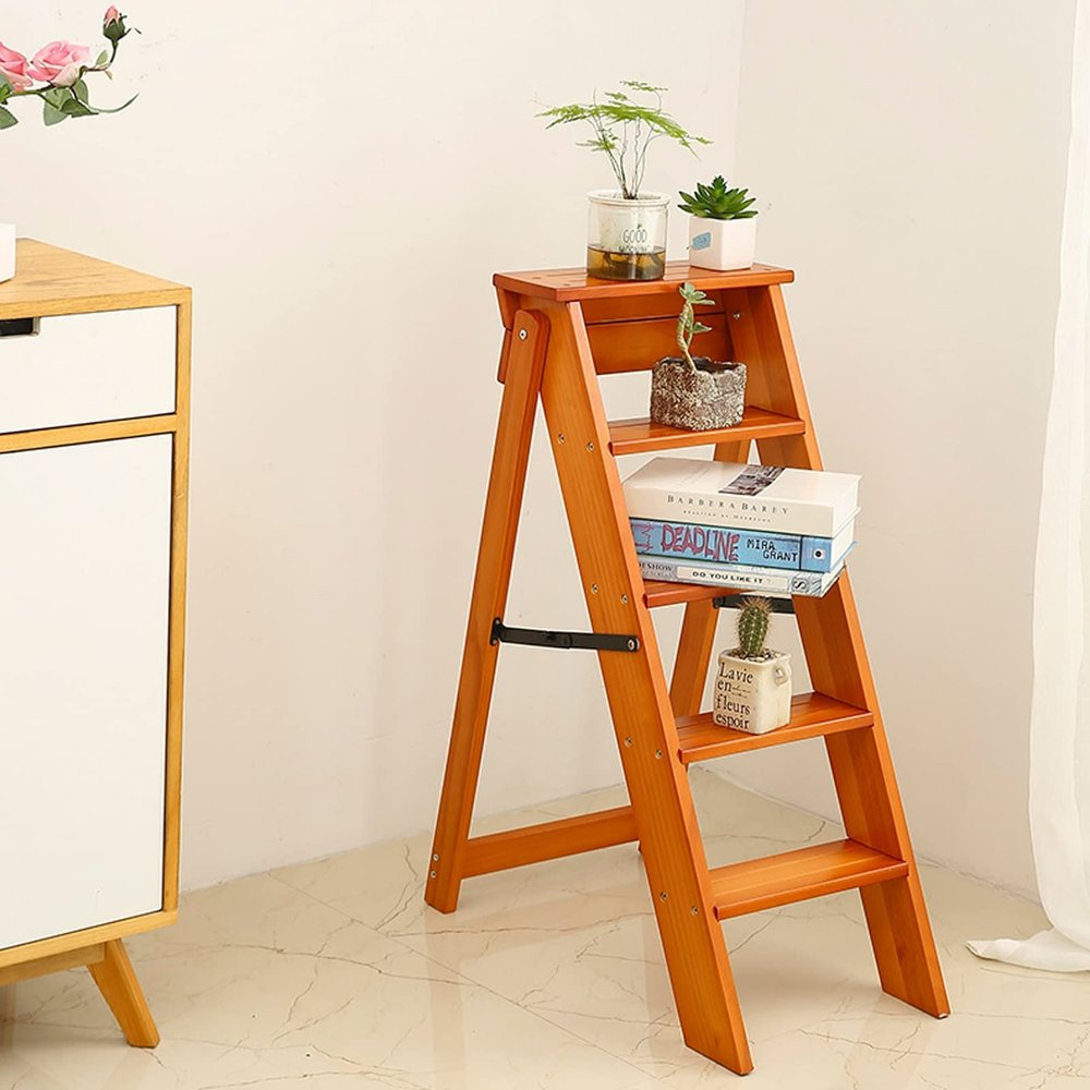 LHYZF Solid Wood Folding 5 Step Stepladders Household Portable Ladders Chairs Multifunction Climb Ladder Stools for Home Garden or Library