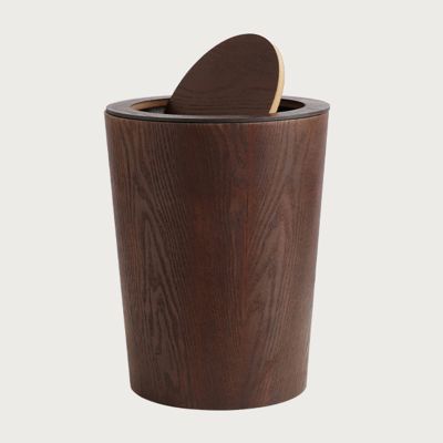 DRSFF Dark Brown Flip Trash Can Home Bathroom Kitchen Bedroom Round Garbage Bin Large Eco Wooden Dustbin Rubbish Recycling Container Waste Paper Basket