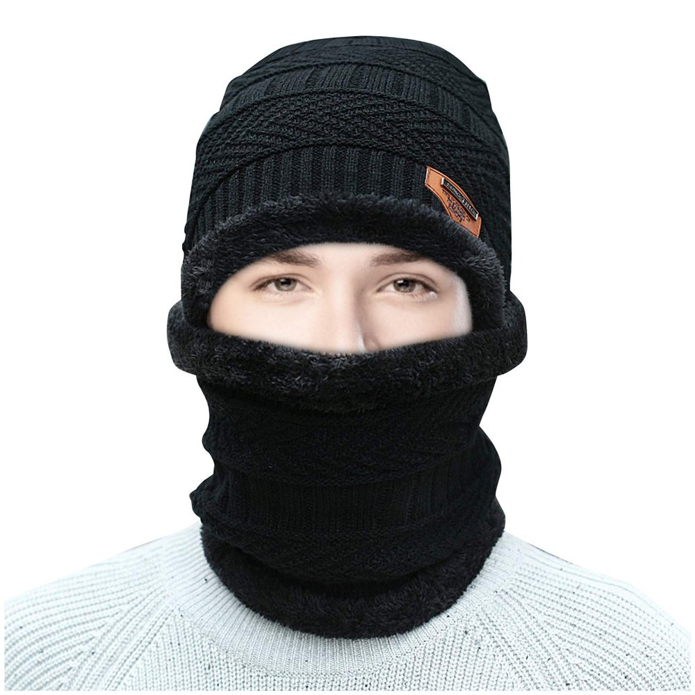 BCDlily Fleece Lined Beanie Hats with Scarf Set for Men Women Winter Warm Thick Knitted Hats Skull Cap Neck Warmer (Black_A)