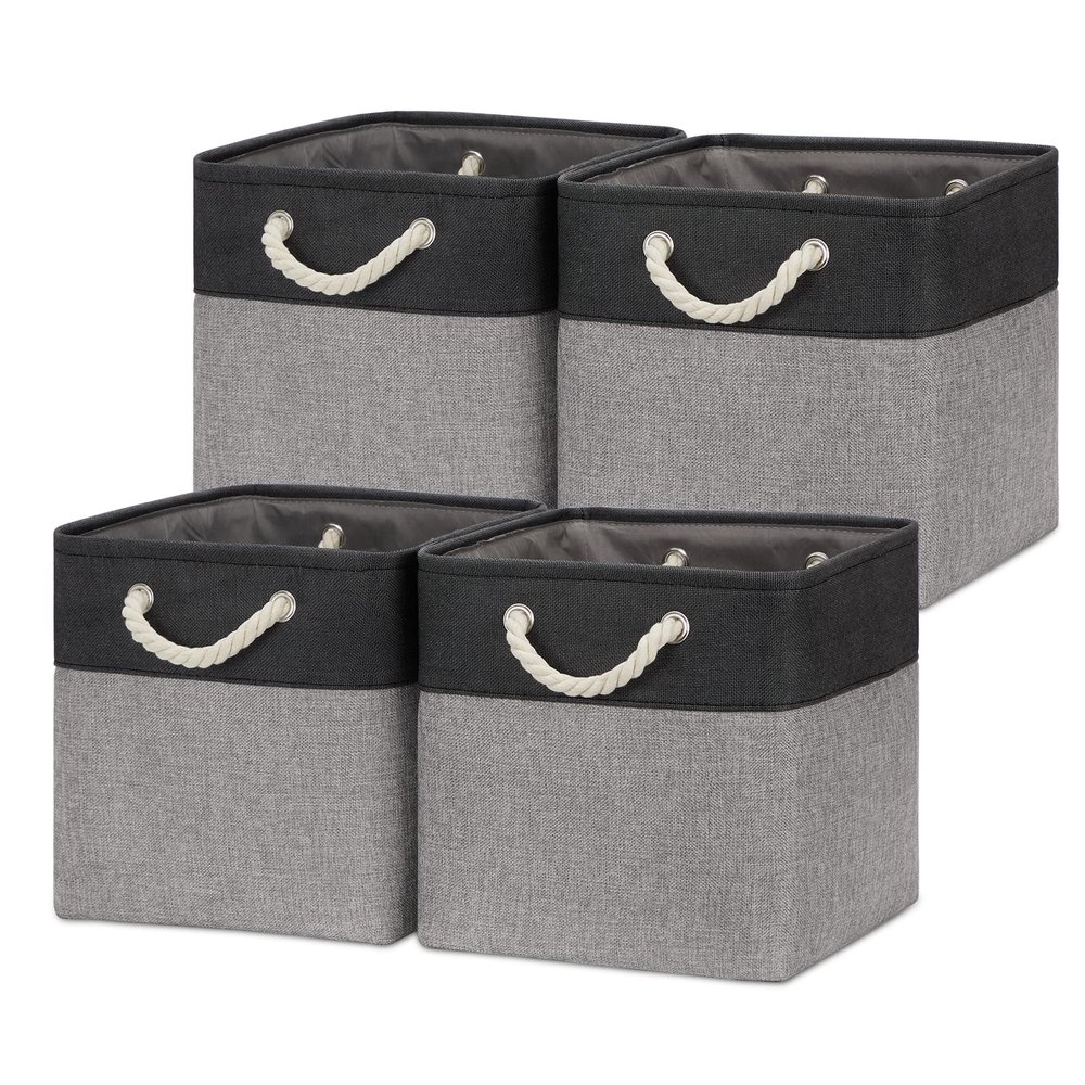 Temary 12 Inch Cube Storage Baskets 4 Pack Fabric Storage Bin for Clothes, Large Baskets with Handles, Basket for Organizing Towels, Blankets, Collapsible Cube Storage Bins (Black&Gray)