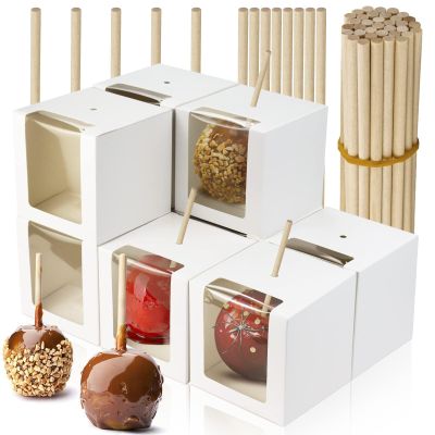 BadenBach 40 Pack Candy Apple Boxes with Hole and Sticks, 4" x 4" x 4" Kraft Caramel Apple Box with Clear Window, Chocolate Covered Apples Packaging Boxes for Wedding,Party,Father's Day(White)