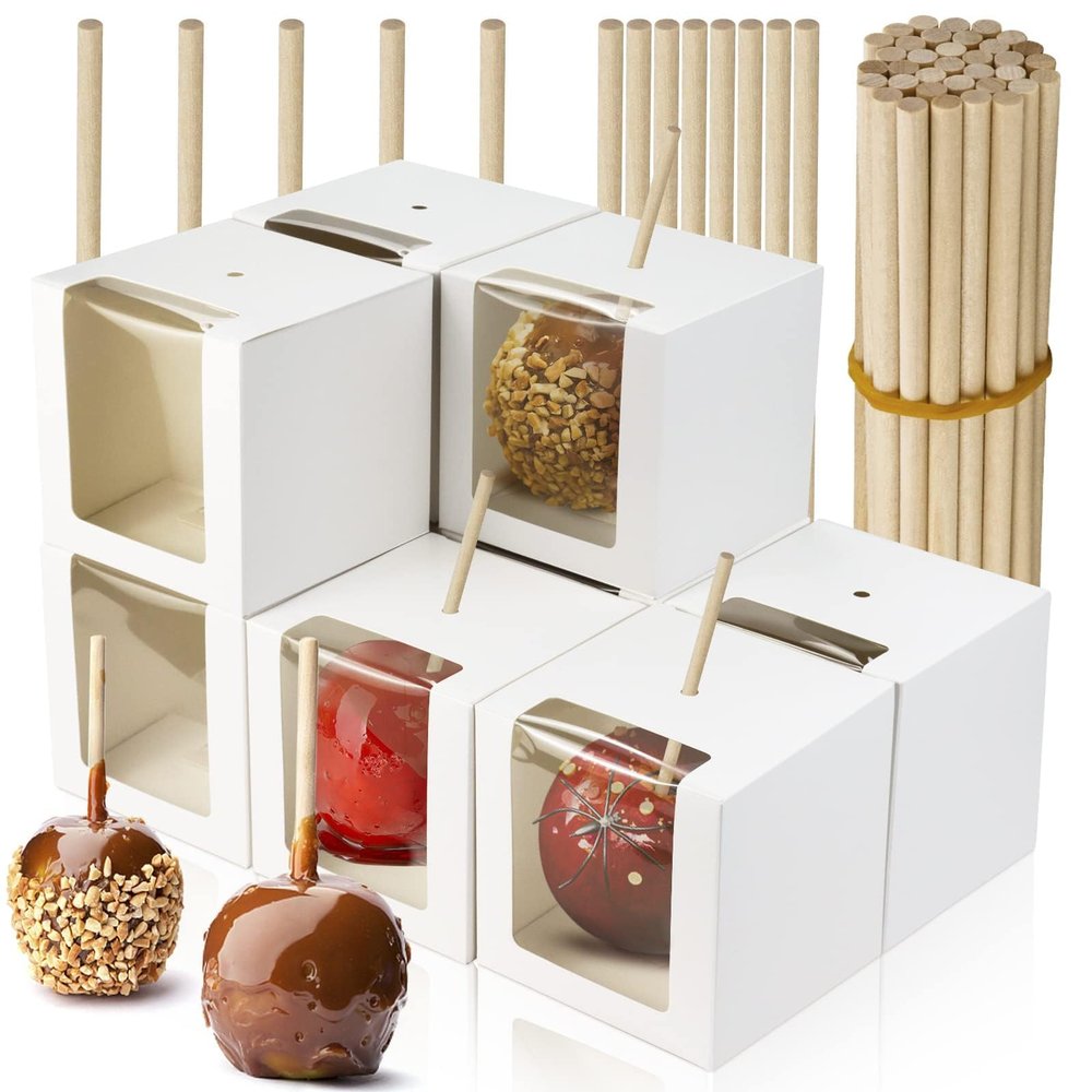 BadenBach 40 Pack Candy Apple Boxes with Hole and Sticks, 4" x 4" x 4" Kraft Caramel Apple Box with Clear Window, Chocolate Covered Apples Packaging Boxes for Wedding,Party,Father's Day(White)