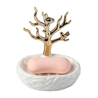 YKHB soap Holder Soap Dish Creative Soap Holder Nordic Style Soap Tray Bird Gold-Plated Tree Branch Soap Box Personality Cute Soap Case Easy to use (Color : White)