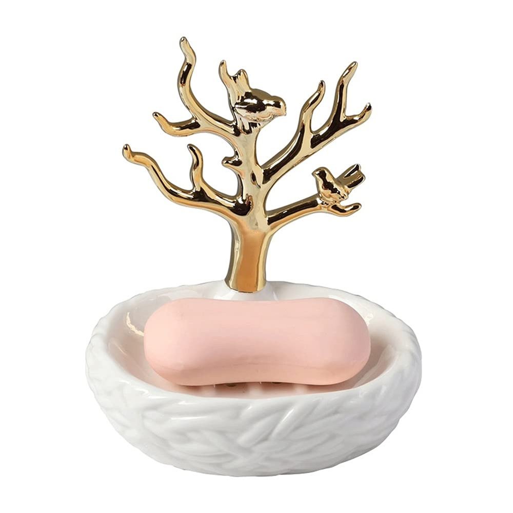 YKHB soap Holder Soap Dish Creative Soap Holder Nordic Style Soap Tray Bird Gold-Plated Tree Branch Soap Box Personality Cute Soap Case Easy to use (Color : White)