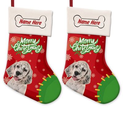 MALIHONG 2 Packs Personalized Merry Christmas Cute Dog English Setter Stocking Snowflake Red and Green Xmas Party Holiday Home Decor Gift 14.4"