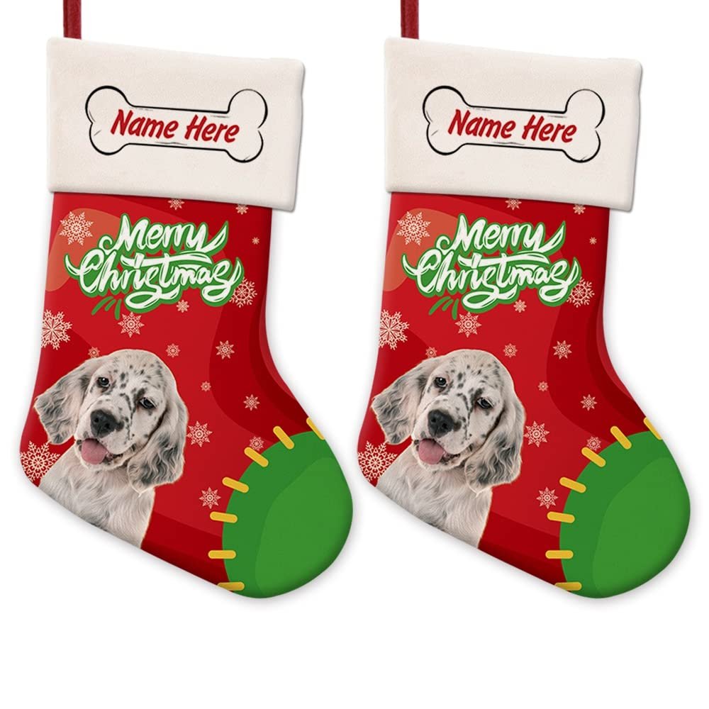 MALIHONG 2 Packs Personalized Merry Christmas Cute Dog English Setter Stocking Snowflake Red and Green Xmas Party Holiday Home Decor Gift 14.4"