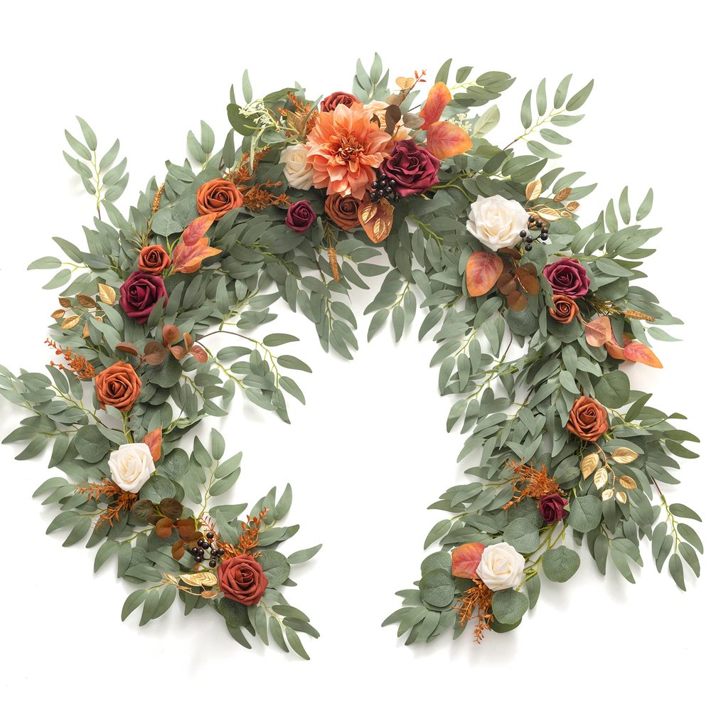 Ling's moment Terracotta Flower Garland - 6FT Eucalyptus & Rose - Sweetheart Table Decor for Wedding Reception, Fall Artificial Floral Garland for Mantle, Christmas Decoration, Burnt Orange